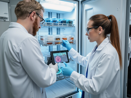 Imagen de técnicos caucásicos realizando mantenimiento a un congelador de investigación