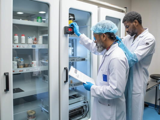 Imagen de técnicos realizando mantenimiento a un refrigerador de laboratorio farmacéutico