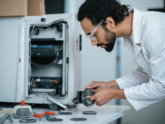 Ingeniero reemplazando un componente en un horno de laboratorio de investigación