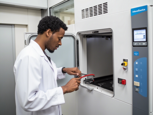 Técnico de laboratorio realizando mantenimiento a una cámara de secado de convección forzada